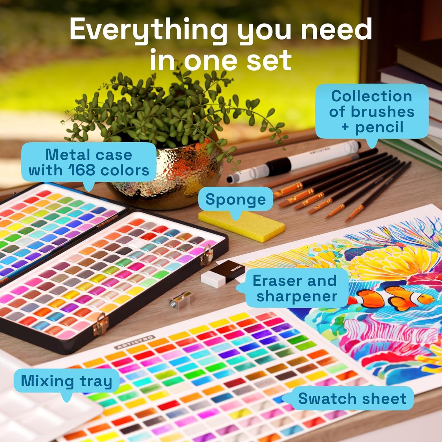 imageARTISTRO Deluxe Watercolor Paint Set with 168 Colors  Vivid Colors in a Portable Box  Travel Watercolor Set with Complete Palette