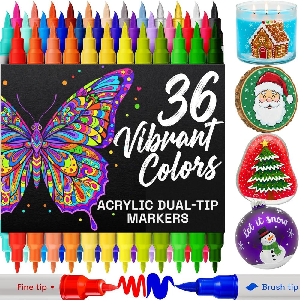 imageARTISTRO 36 Acrylic Paint Markers Paint Pens Dual Tip Brush Fine Ideal for Calligraphy Perfect for Fabric Rock Glass Wood DIY Art Supplies Stocking Stuffers Christmas Gift Idea