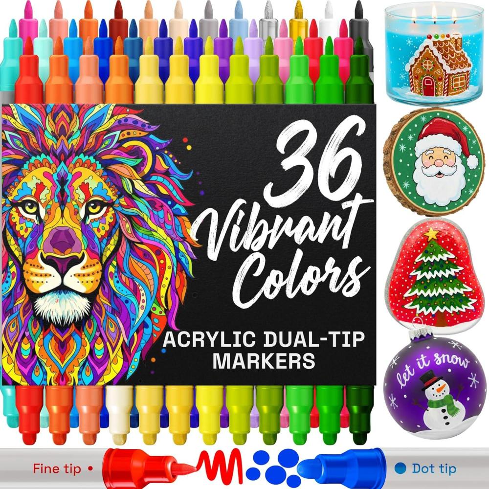 imageARTISTRO 36 Acrylic Paint Markers for Rock Fabric Wood Glass Craft Decoration DualTip Paint Pens Stocking Stuffers Christmas Gift Idea for Teens Grandkids Kids Art Supplies