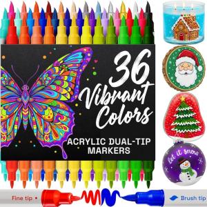 ARTISTRO 36 Acrylic Paint Markers – Paint Pens Dual Tip Brush + Fine Ideal for Calligraphy – Perfect for Fabric, Rock, Glass, Wood, DIY – Art Supplies, Stocking Stuffers, Christmas Gift Idea