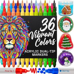 ARTISTRO 36 Acrylic Paint Markers for Rock, Fabric, Wood, Glass, Craft, Decoration – Dual-Tip Paint Pens – Stocking Stuffers, Christmas Gift Idea for Teens, Grandkids, Kids – Art Supplies