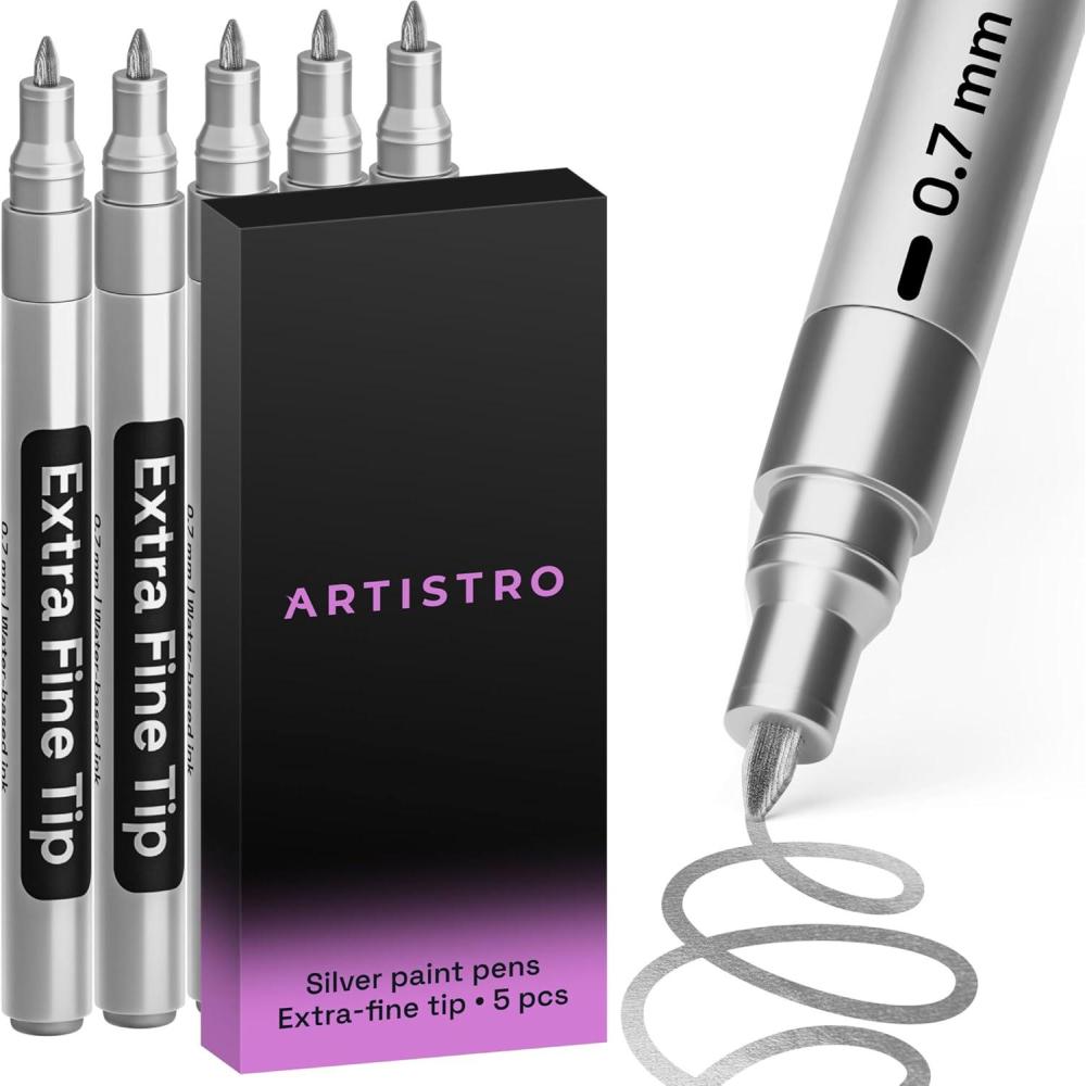 imageARTISTRO 5 Silver Paint Pen for Glass Marking Rock Painting Ceramic Wood Tire Fabric Metal Canvas Set of 5 Acrylic Paint Markers Waterbased Extrafine Tip