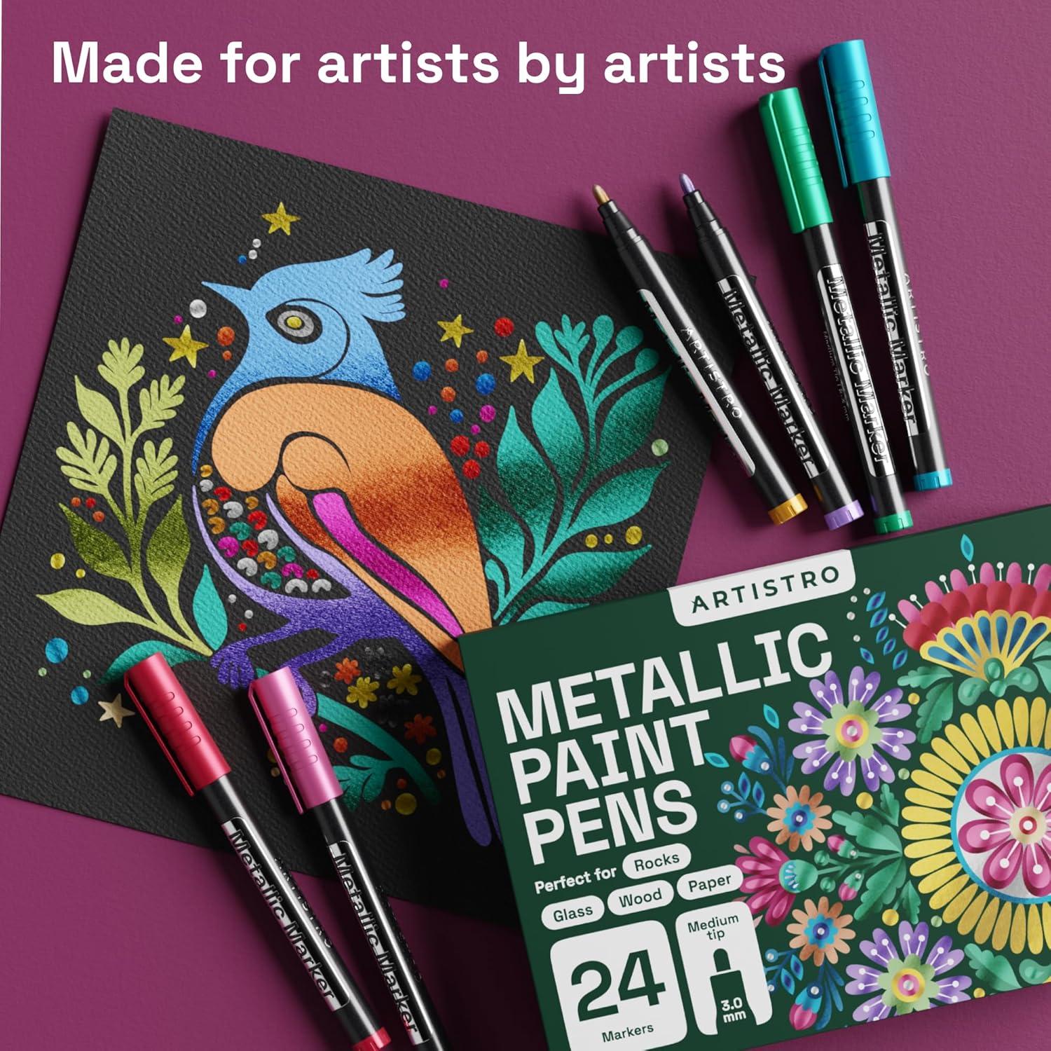 imageARTISTRO 24 Metallic Acrylic Paint Markers Fine Tip Paint Pens for Rock Wood Glass Ceramic Black Paper Scrapbooking Crafts Card Making DIY Photo Album CeramicMetallic