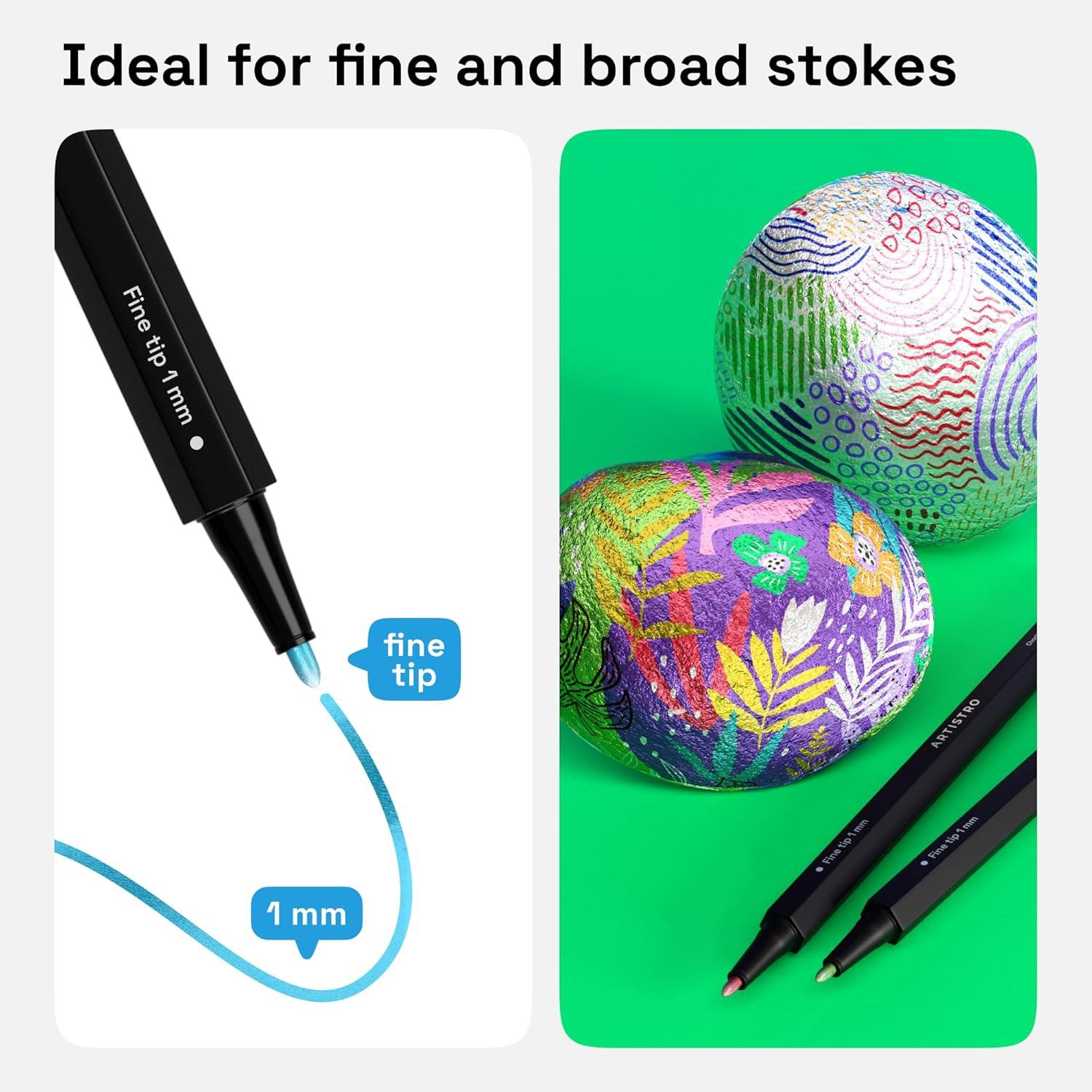imageARTISTRO 24 Metallic Acrylic Paint Markers Fine Tip Paint Pens for Rock Wood Glass Ceramic Black Paper Scrapbooking Crafts Card Making DIY Photo Album CeramicMetallic