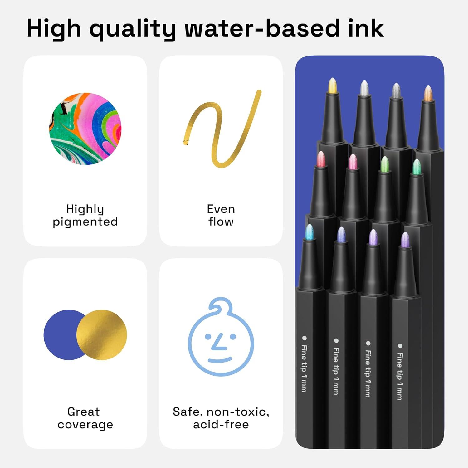 imageARTISTRO 24 Metallic Acrylic Paint Markers Fine Tip Paint Pens for Rock Wood Glass Ceramic Black Paper Scrapbooking Crafts Card Making DIY Photo Album CeramicMetallic