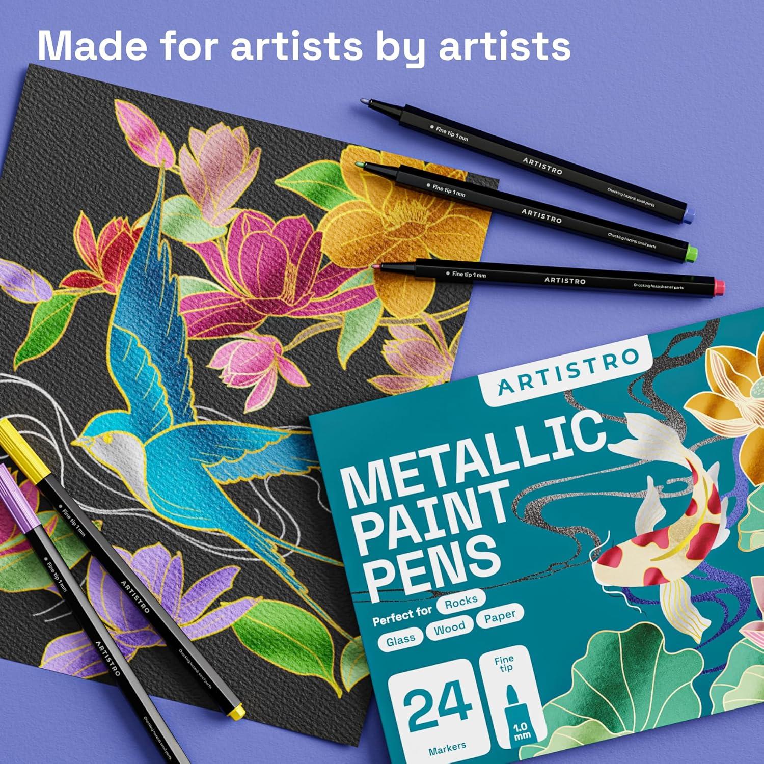 imageARTISTRO 24 Metallic Acrylic Paint Markers Fine Tip Paint Pens for Rock Wood Glass Ceramic Black Paper Scrapbooking Crafts Card Making DIY Photo Album CeramicMetallic