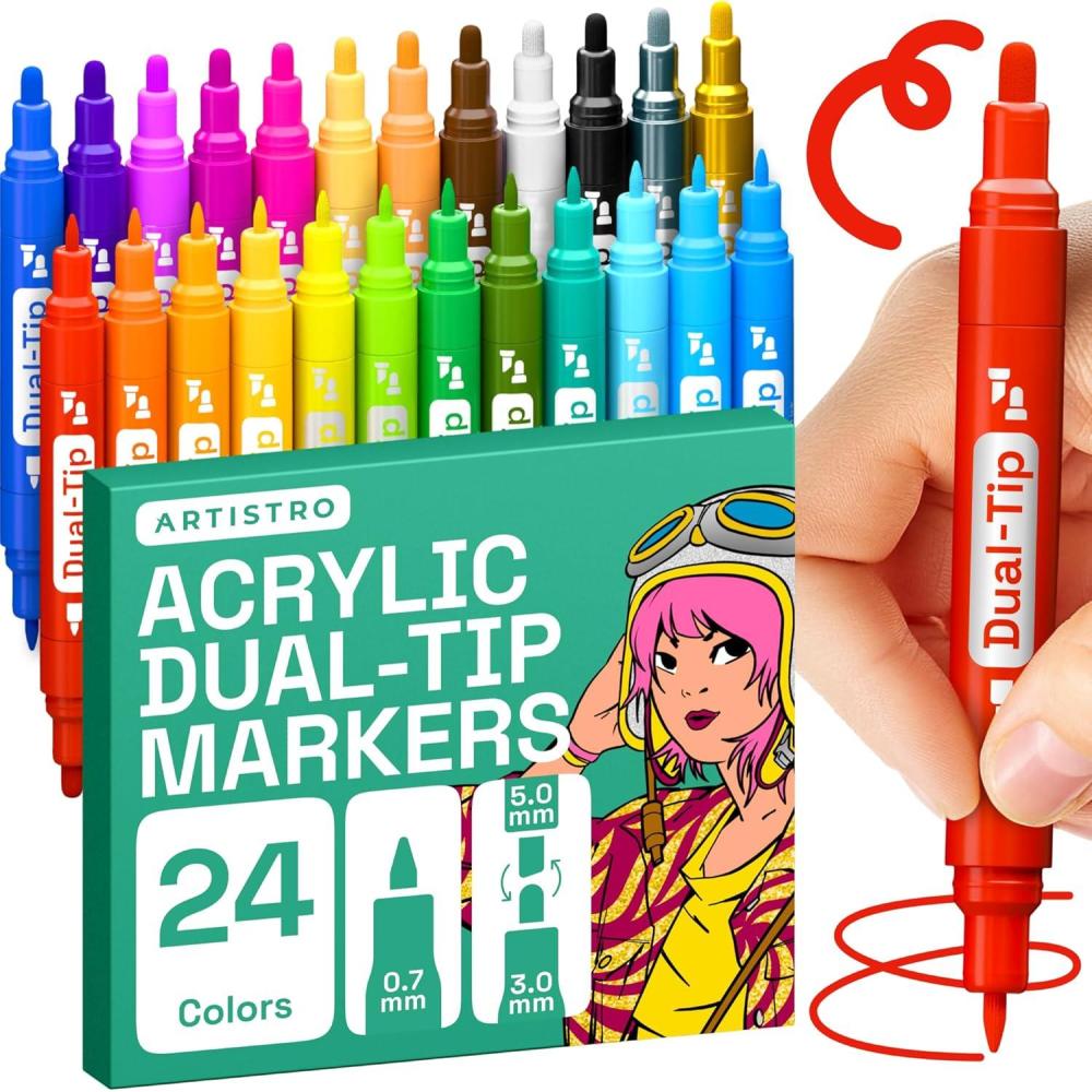 imageARTISTRO 24 Metallic Acrylic Paint Markers Fine Tip Paint Pens for Rock Wood Glass Ceramic Black Paper Scrapbooking Crafts Card Making DIY Photo Album CeramicRegular