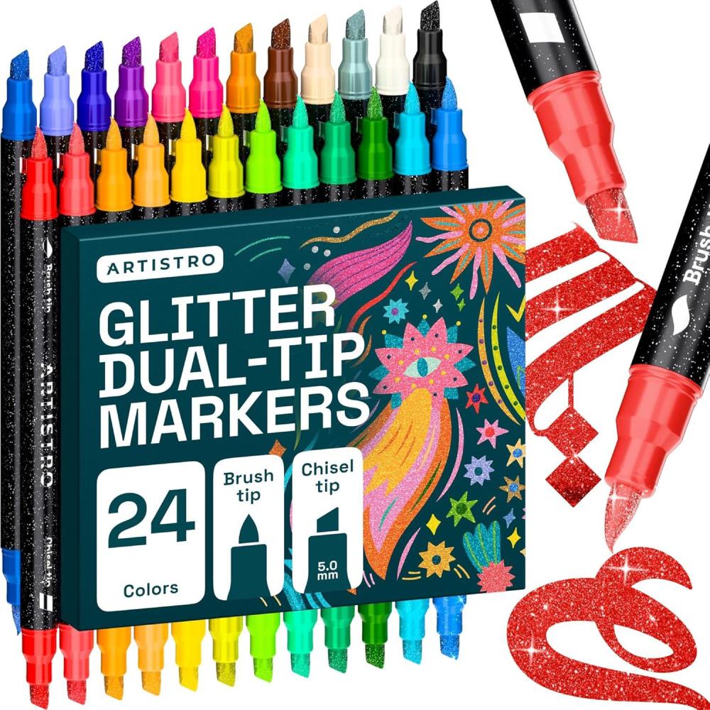 imageARTISTRO 24 Metallic Acrylic Paint Markers Fine Tip Paint Pens for Rock Wood Glass Ceramic Black Paper Scrapbooking Crafts Card Making DIY Photo Album CeramicGlitter