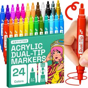 ARTISTRO 24 Metallic Acrylic Paint Markers – Fine Tip Paint Pens for Rock, Wood, Glass, Ceramic, Black Paper, Scrapbooking Crafts, Card Making, DIY Photo Album, Ceramic(Regular)