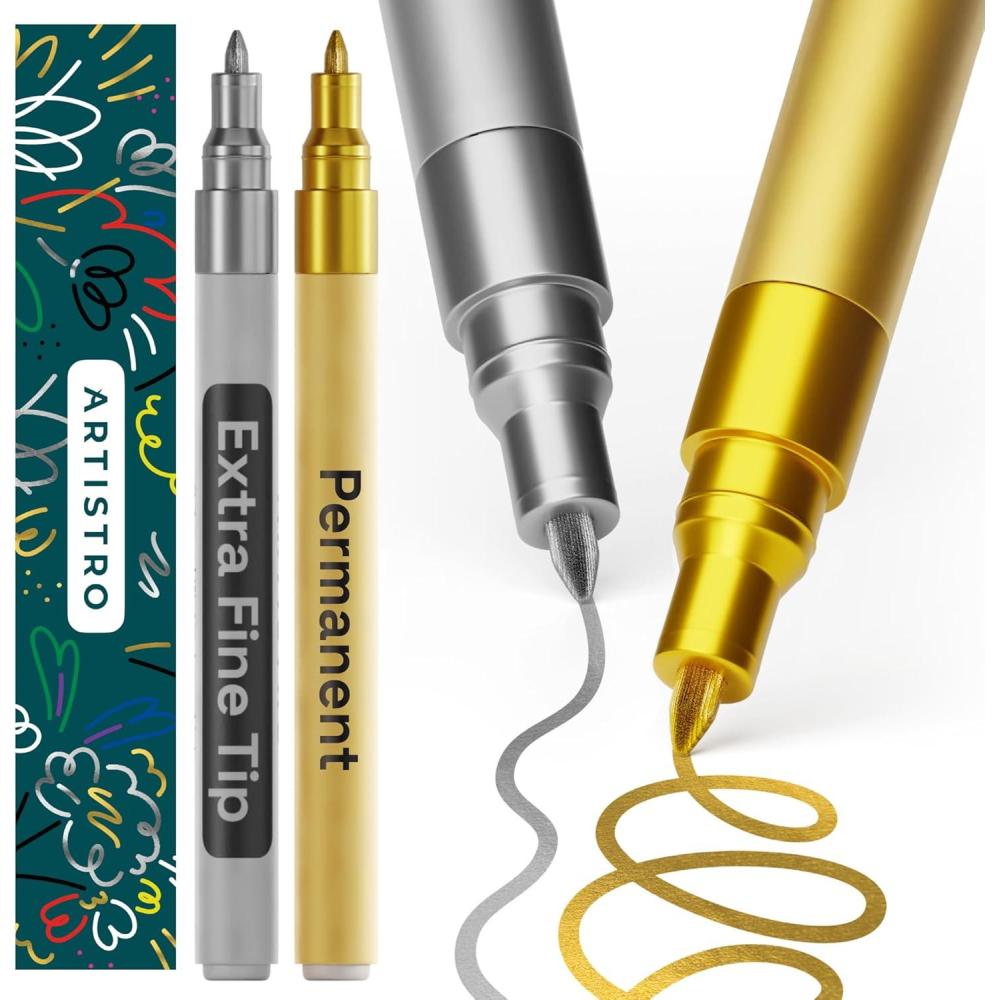 imageARTISTRO 2 Gold amp Silver Permanent Marker Waterproof Markers for Tire Fabric Rocks Glass Ceramic Wood Paper Oil Based Paint Pens ExtraFine Tip 07mm