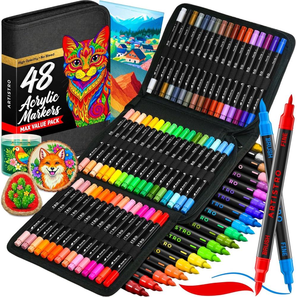 imageARTISTRO 48 DualTip Acrylic Paint Pens With Storage Bag for Calligraphy Markers With Brush Fine Precision Tips Multisurface Painting for Fabric Rock Glass Wood amp More