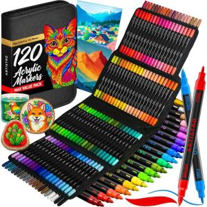 ARTISTRO 120 Dual-Tip Acrylic Paint Pens With Storage Bag for Calligraphy – Markers With Brush + Fine Precision Tips – Multisurface Painting for Fabric, Rock, Glass, Wood & More