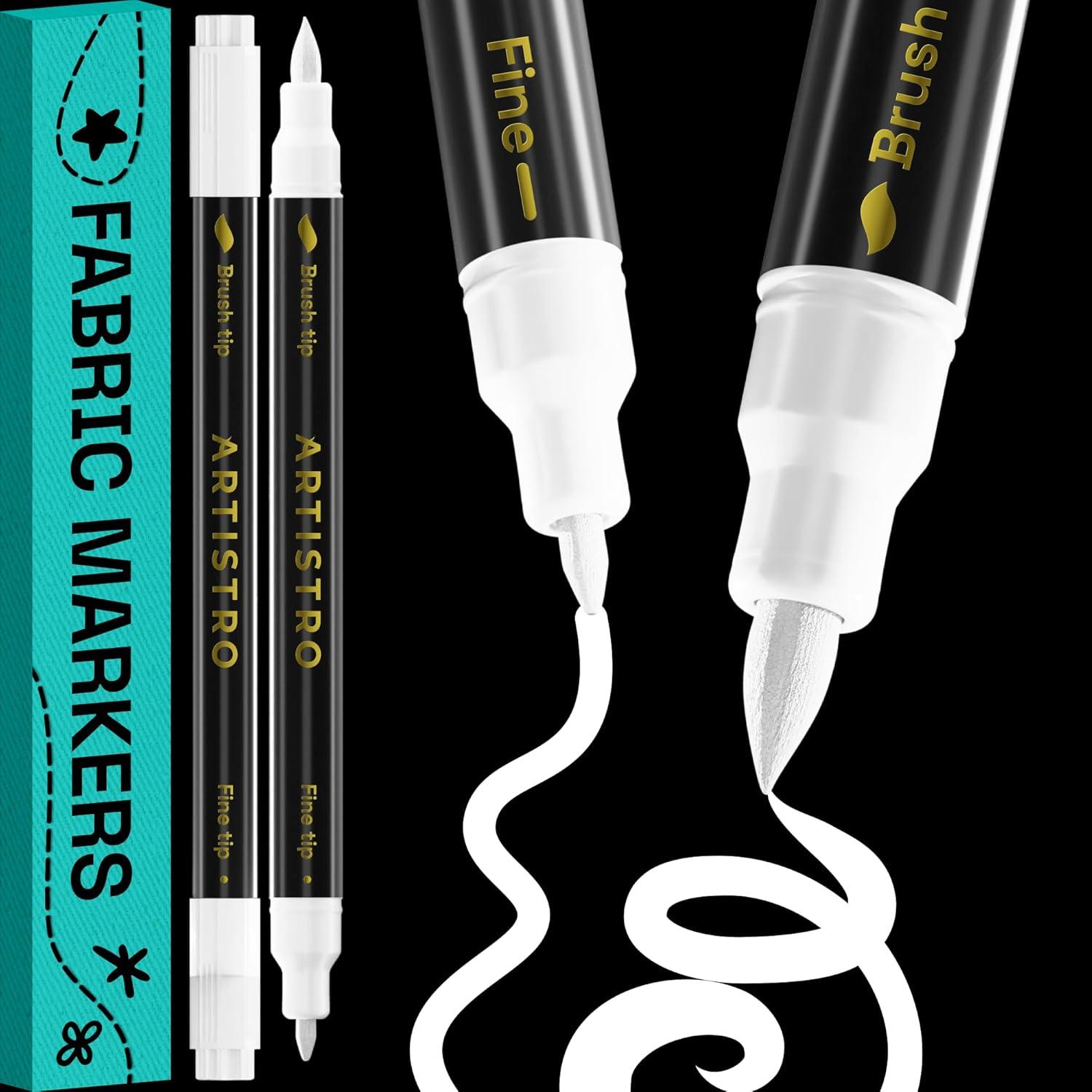 imageARTISTRO 2 White DualTip Fabric Markers Fabric Decorating Kit Permanent for Clothes Acrylic Paint Pens for Sneakers Bags Shoes Textile Canvas Sewing Craft DIY Brush and Fine Tip2