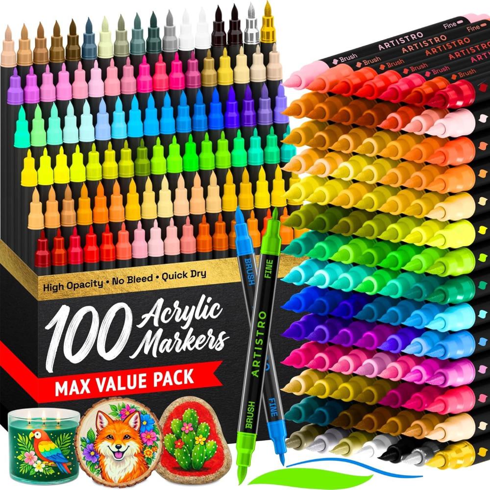 imageARTISTRO 100 Dual Tip Acrylic Paint Markers Paint Pens Drawing Markers for Textile Rock Glass Wood Paper Ceramic Canvas DIY Art Supplies Kit for Kids and Adults Brush Fine100