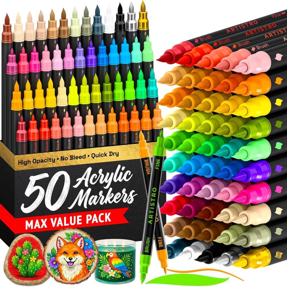 imageARTISTRO 100 Dual Tip Acrylic Paint Markers Paint Pens Drawing Markers for Textile Rock Glass Wood Paper Ceramic Canvas DIY Art Supplies Kit for Kids and Adults Brush Fine50