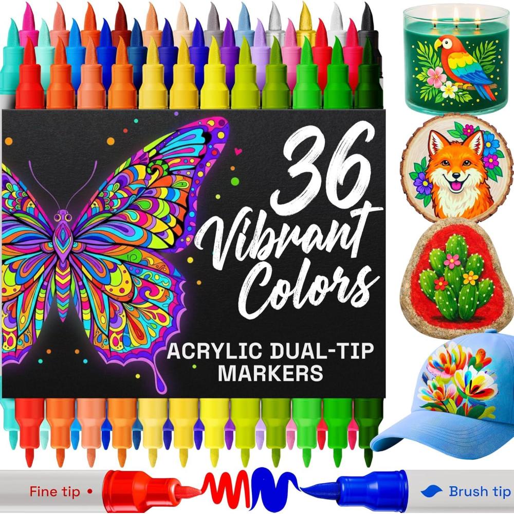 imageARTISTRO 100 Dual Tip Acrylic Paint Markers Paint Pens Drawing Markers for Textile Rock Glass Wood Paper Ceramic Canvas DIY Art Supplies Kit for Kids and Adults Brush Fine36