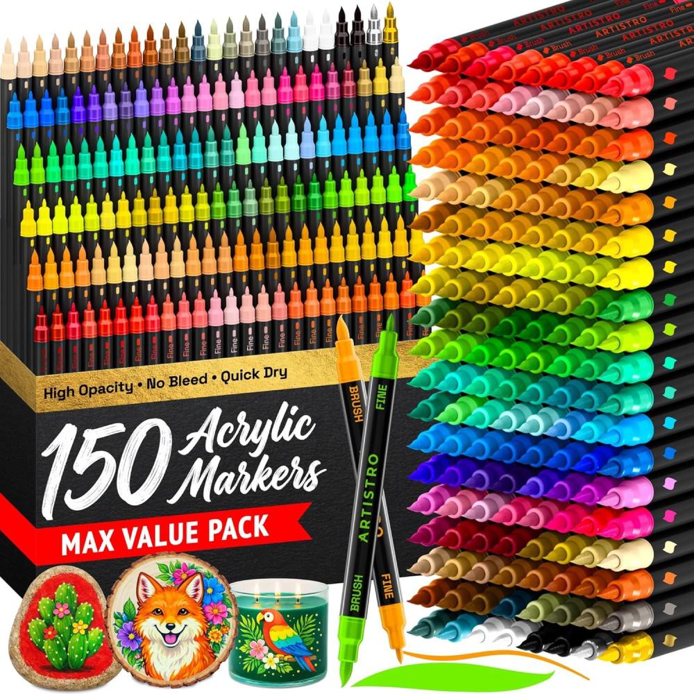 imageARTISTRO 100 Dual Tip Acrylic Paint Markers Paint Pens Drawing Markers for Textile Rock Glass Wood Paper Ceramic Canvas DIY Art Supplies Kit for Kids and Adults Brush Fine150