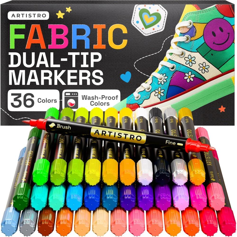 imageARTISTRO 2 White DualTip Fabric Markers Fabric Decorating Kit Permanent for Clothes Acrylic Paint Pens for Sneakers Bags Shoes Textile Canvas Sewing Craft DIY Brush and Fine Tip36