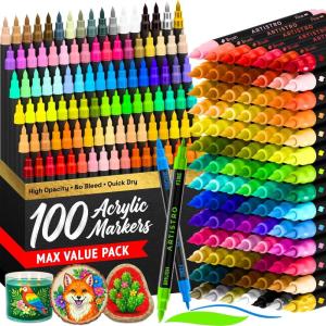 ARTISTRO 100 Dual Tip Acrylic Paint Markers, Paint Pens, Drawing Markers for Textile, Rock, Glass, Wood, Paper, Ceramic, Canvas, DIY – Art Supplies Kit for Kids and Adults (Brush + Fine)(100)