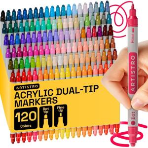 ARTISTRO 120 Acrylic Paint Markers for Rock, Fabric, Wood, Glass, Decoration – Dual-Tip Paint Pens for Coloring Books for Adults, Teens, Kids – Art and Craft Supplies Kit – Gift Idea