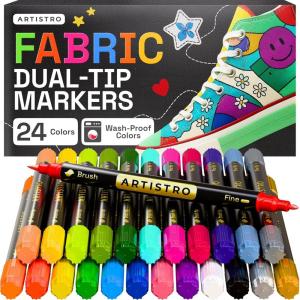 ARTISTRO 2 White Dual-Tip Fabric Markers – Fabric Decorating Kit – Permanent for Clothes – Acrylic Paint Pens for Sneakers, Bags, Shoes, Textile, Canvas, Sewing, Craft, DIY – Brush and Fine Tip(24)