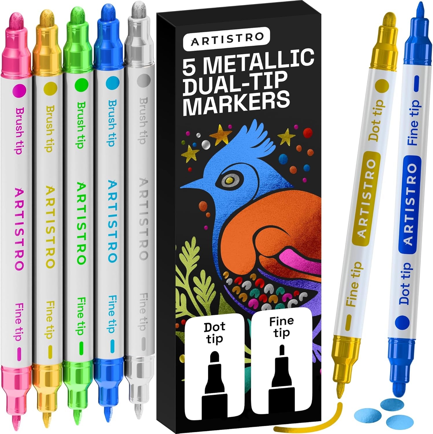 image:imageARTISTRO 12 Metallic DualTip Acrylic Paint Markers Paint Pens Set with Dot amp Fine Tips for Fabric Rock Glass Wood Coloring Books Arts amp Crafts Gift Classroom Must Haves amp School Supplies5