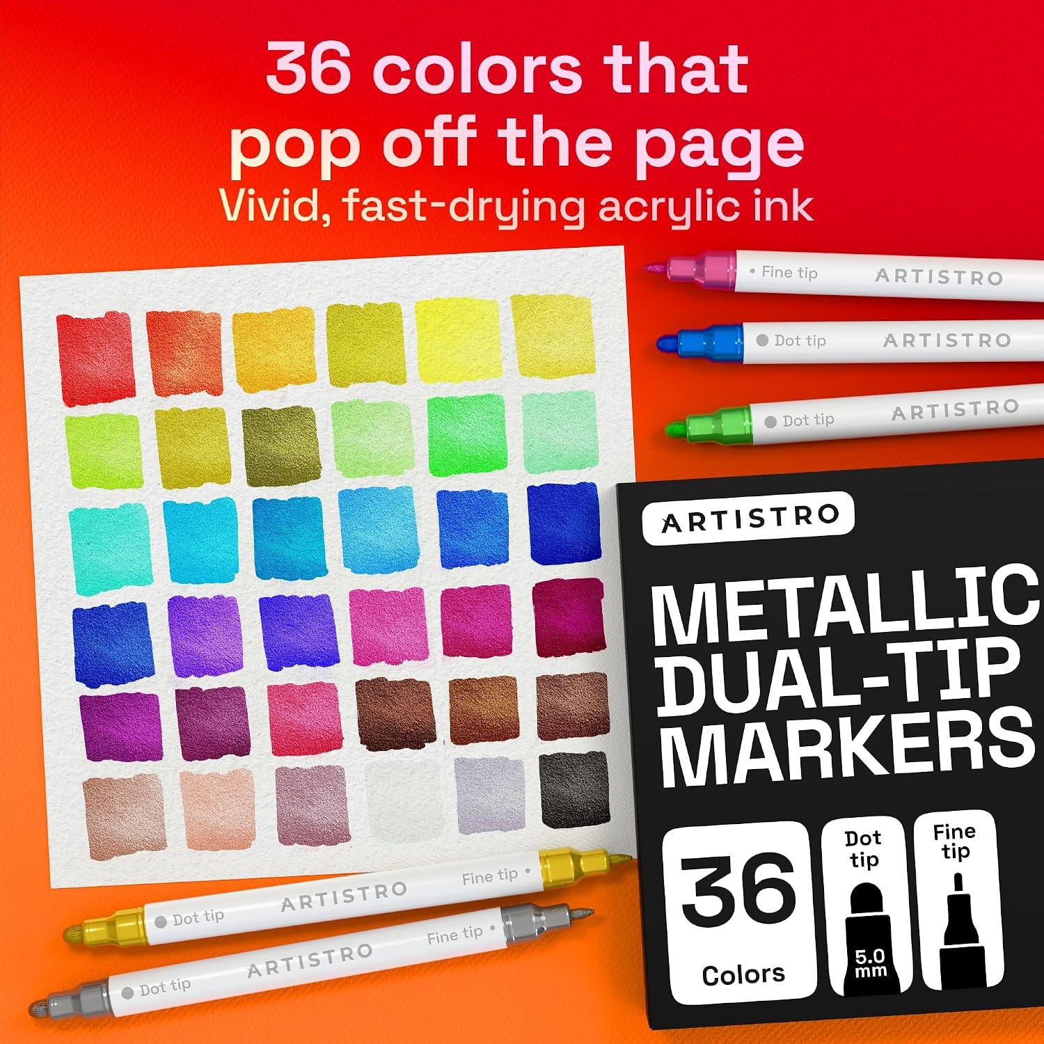 image:imageARTISTRO 12 Metallic DualTip Acrylic Paint Markers Paint Pens Set with Dot amp Fine Tips for Fabric Rock Glass Wood Coloring Books Arts amp Crafts Gift Classroom Must Haves amp School Supplies36
