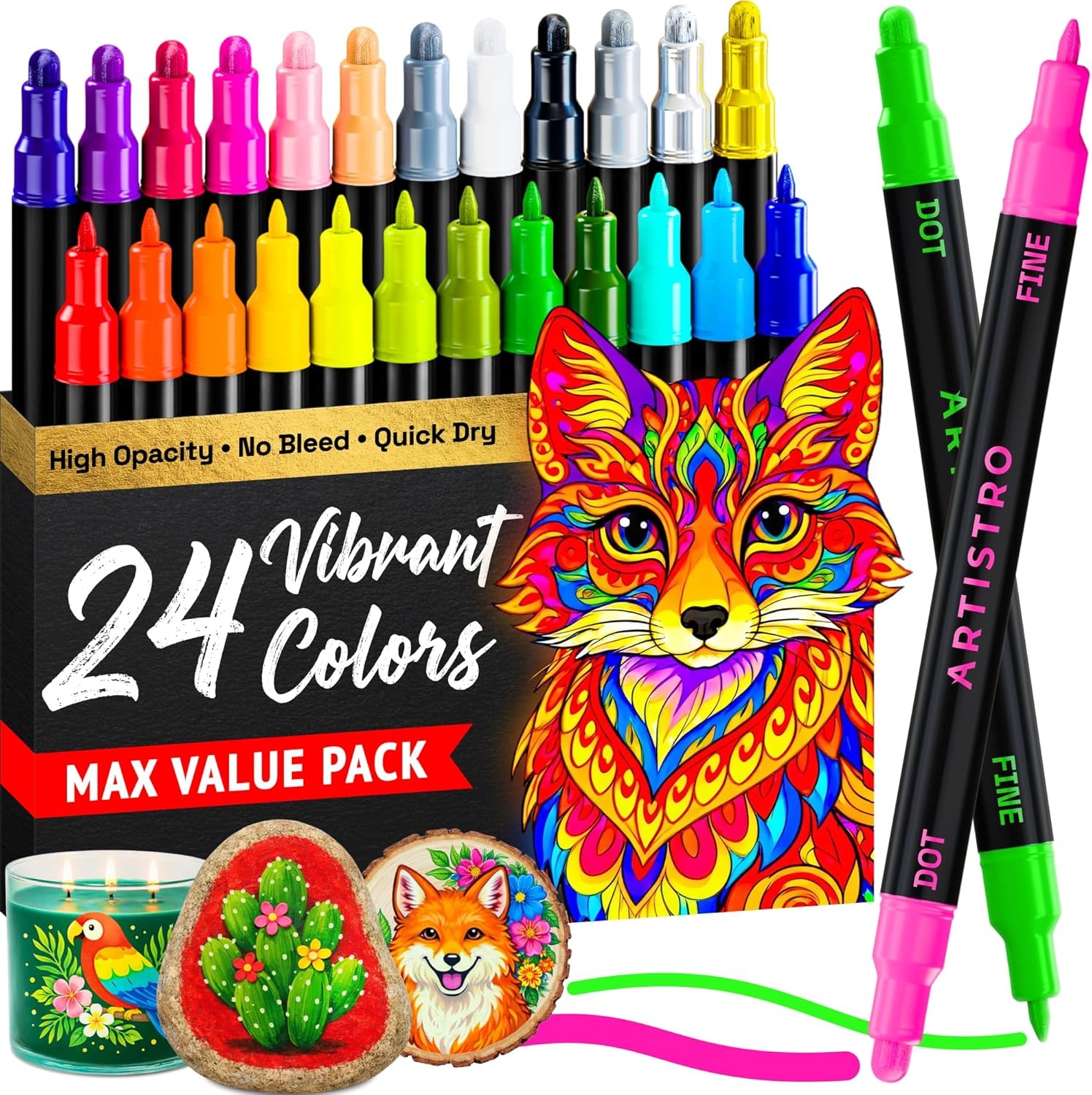 image:imageARTISTRO 12 Metallic DualTip Acrylic Paint Markers Paint Pens Set with Dot amp Fine Tips for Fabric Rock Glass Wood Coloring Books Arts amp Crafts Gift Classroom Must Haves amp School Supplies24
