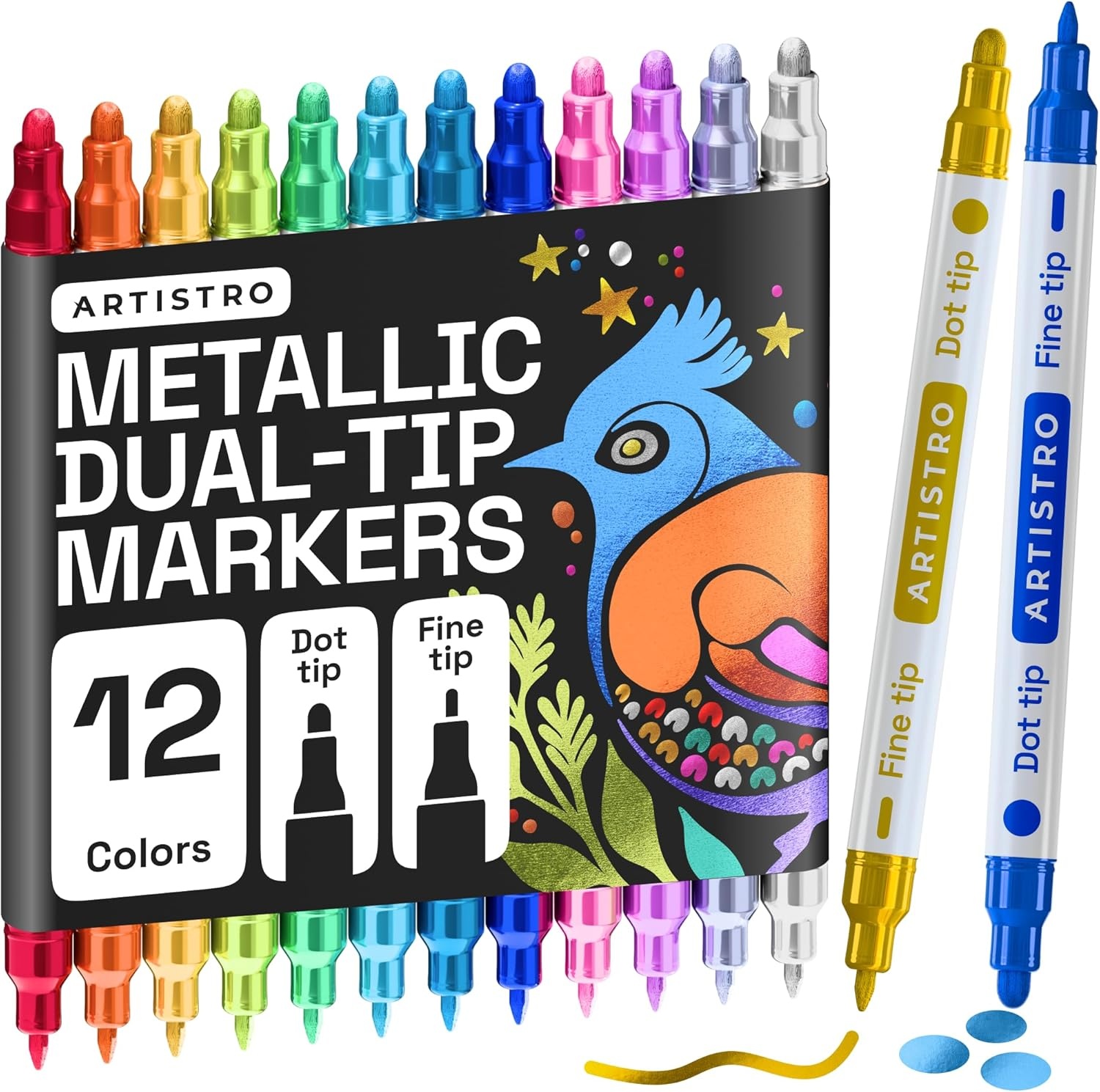 image:imageARTISTRO 12 Metallic DualTip Acrylic Paint Markers Paint Pens Set with Dot amp Fine Tips for Fabric Rock Glass Wood Coloring Books Arts amp Crafts Gift Classroom Must Haves amp School Supplies12