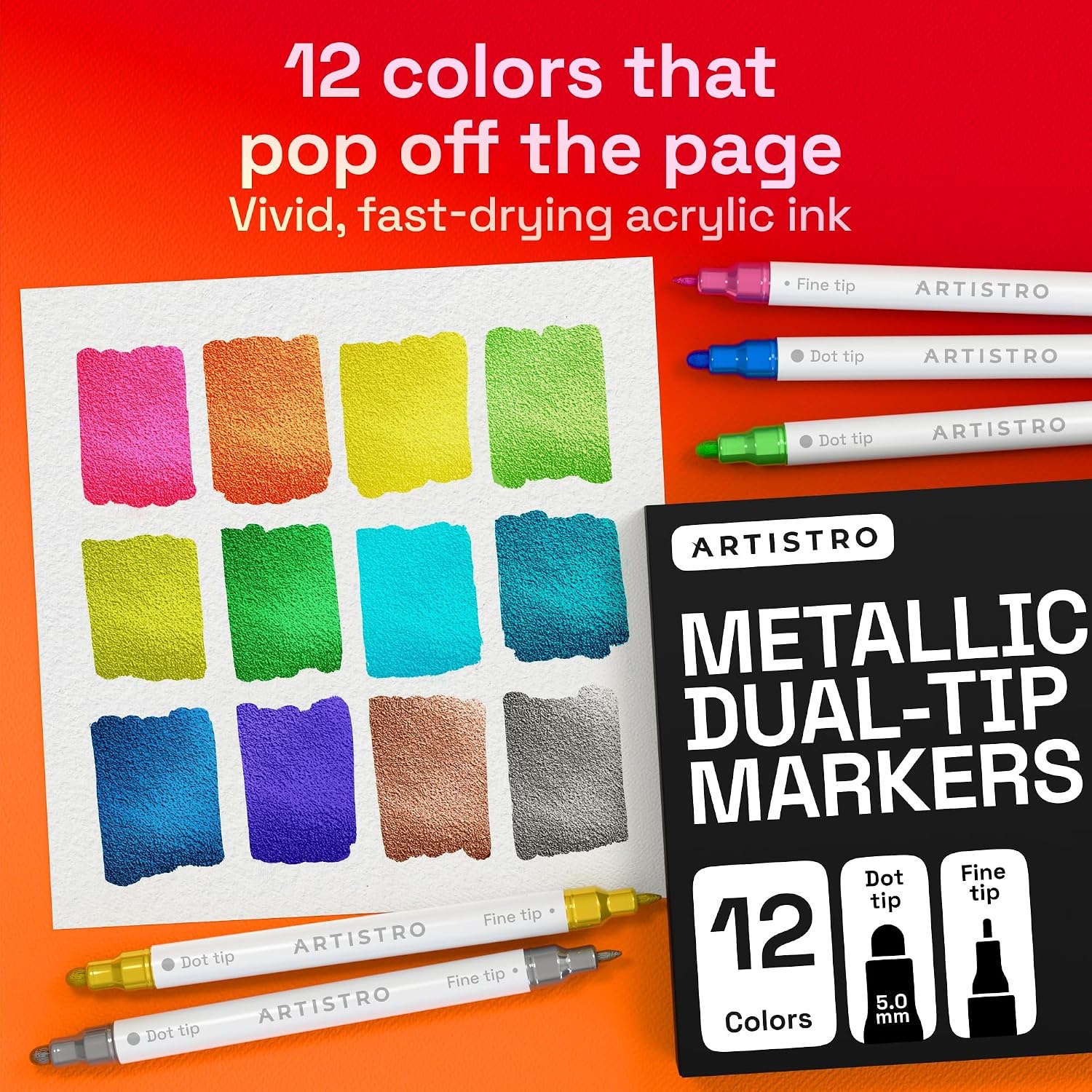 image:imageARTISTRO 12 Metallic DualTip Acrylic Paint Markers Paint Pens Set with Dot amp Fine Tips for Fabric Rock Glass Wood Coloring Books Arts amp Crafts Gift Classroom Must Haves amp School Supplies12