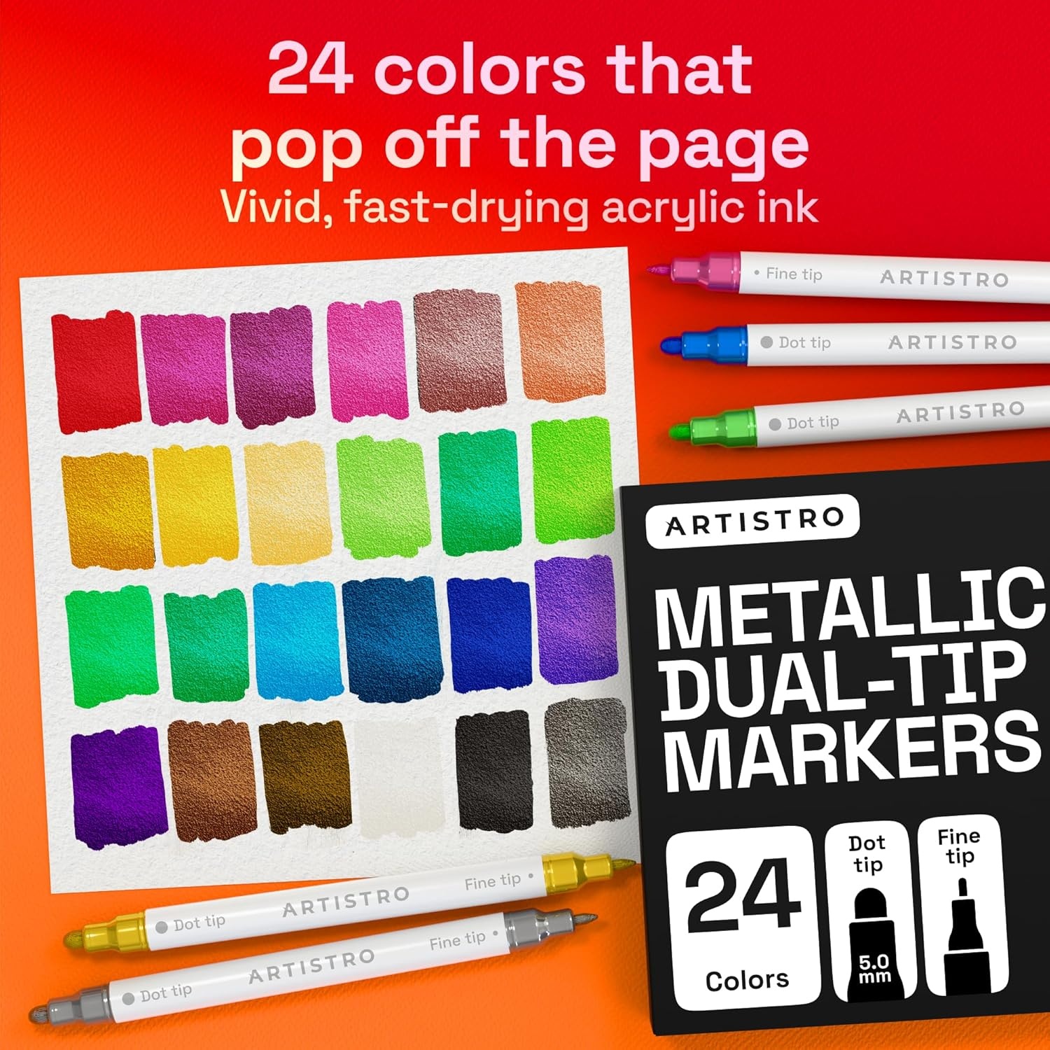 image:imageARTISTRO 12 Metallic DualTip Acrylic Paint Markers Paint Pens Set with Dot amp Fine Tips for Fabric Rock Glass Wood Coloring Books Arts amp Crafts Gift Classroom Must Haves amp School Supplies24
