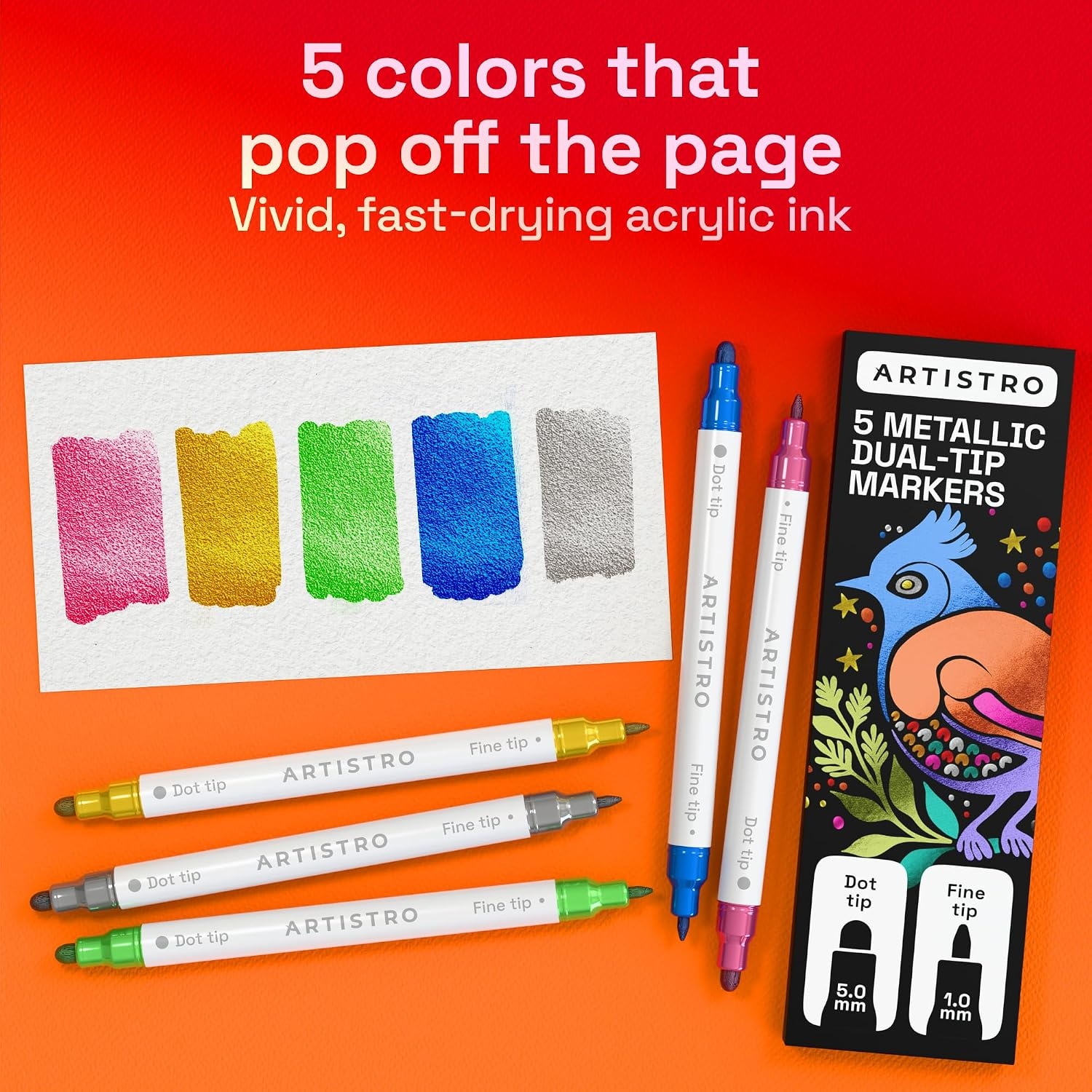 image:imageARTISTRO 12 Metallic DualTip Acrylic Paint Markers Paint Pens Set with Dot amp Fine Tips for Fabric Rock Glass Wood Coloring Books Arts amp Crafts Gift Classroom Must Haves amp School Supplies5