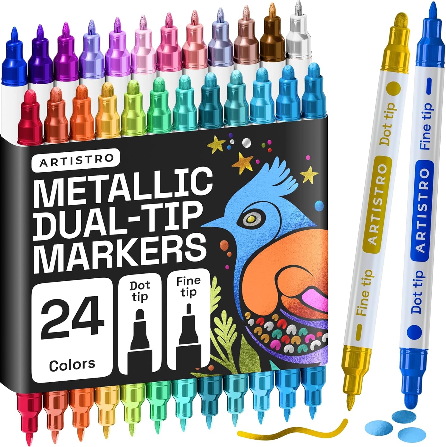 image:imageARTISTRO 12 Metallic DualTip Acrylic Paint Markers Paint Pens Set with Dot amp Fine Tips for Fabric Rock Glass Wood Coloring Books Arts amp Crafts Gift Classroom Must Haves amp School Supplies24