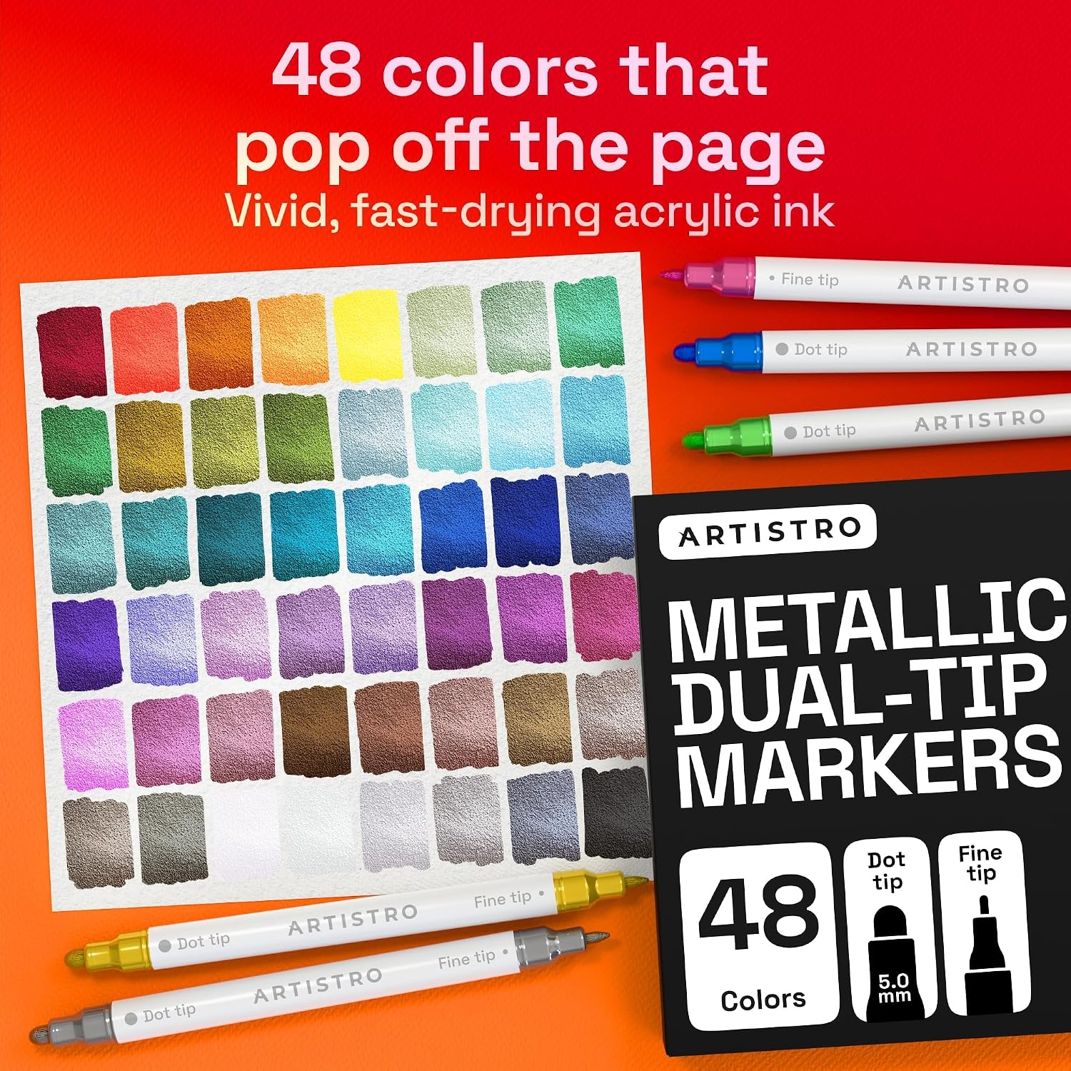 image:imageARTISTRO 12 Metallic DualTip Acrylic Paint Markers Paint Pens Set with Dot amp Fine Tips for Fabric Rock Glass Wood Coloring Books Arts amp Crafts Gift Classroom Must Haves amp School Supplies48