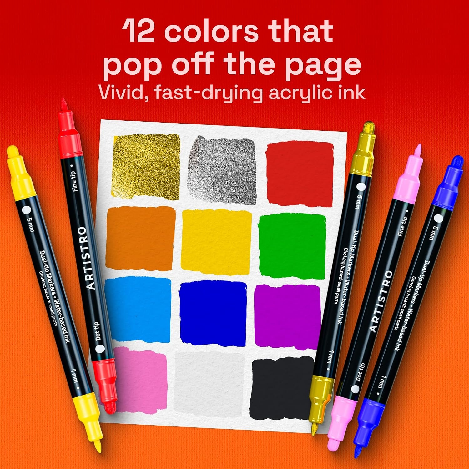 image:imageARTISTRO 12 Metallic DualTip Acrylic Paint Markers Paint Pens Set with Dot amp Fine Tips for Fabric Rock Glass Wood Coloring Books Arts amp Crafts Gift Classroom Must Haves amp School Supplies12