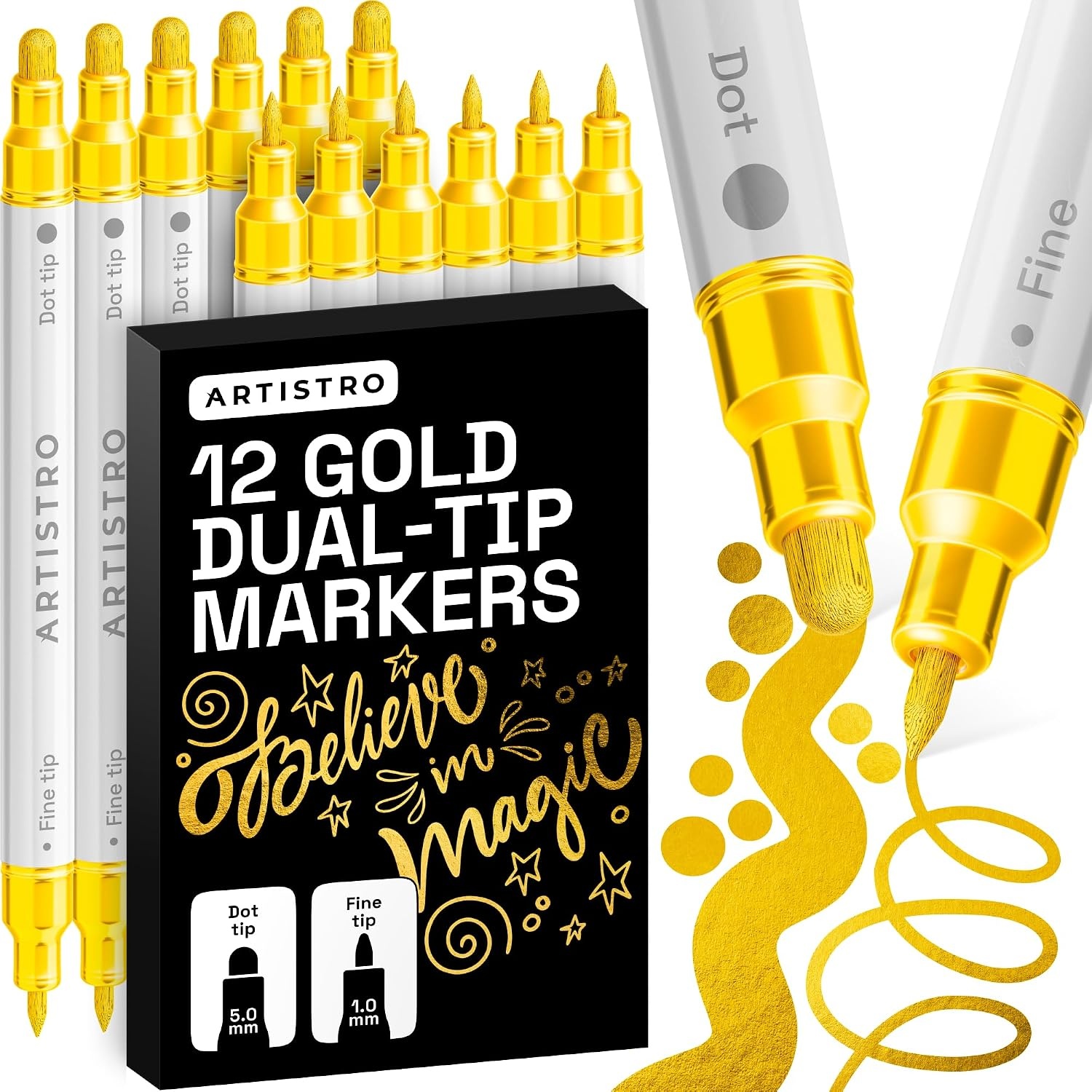 image:imageARTISTRO 12 Metallic DualTip Acrylic Paint Markers Paint Pens Set with Dot amp Fine Tips for Fabric Rock Glass Wood Coloring Books Arts amp Crafts Gift Classroom Must Haves amp School Supplies12