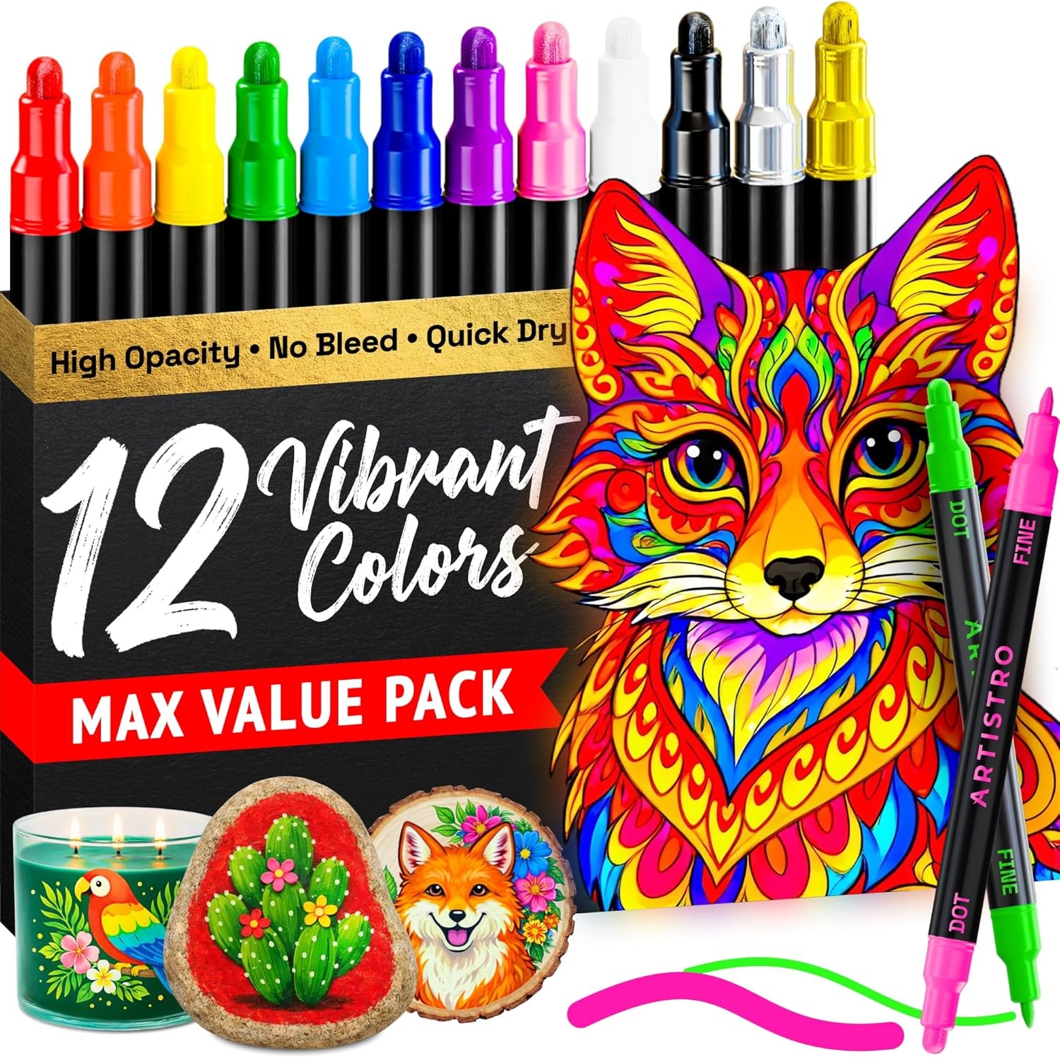 image:imageARTISTRO 12 Metallic DualTip Acrylic Paint Markers Paint Pens Set with Dot amp Fine Tips for Fabric Rock Glass Wood Coloring Books Arts amp Crafts Gift Classroom Must Haves amp School Supplies12