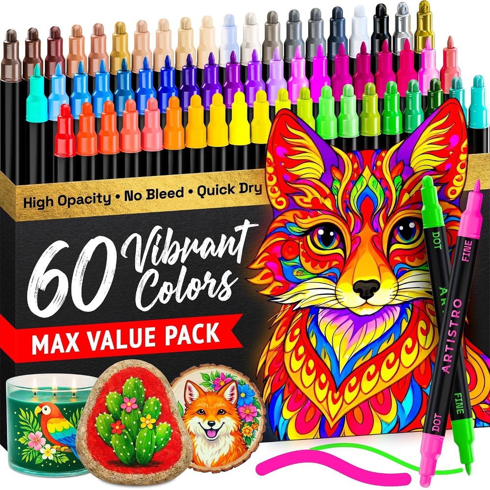 image:imageARTISTRO 12 Metallic DualTip Acrylic Paint Markers Paint Pens Set with Dot amp Fine Tips for Fabric Rock Glass Wood Coloring Books Arts amp Crafts Gift Classroom Must Haves amp School Supplies60