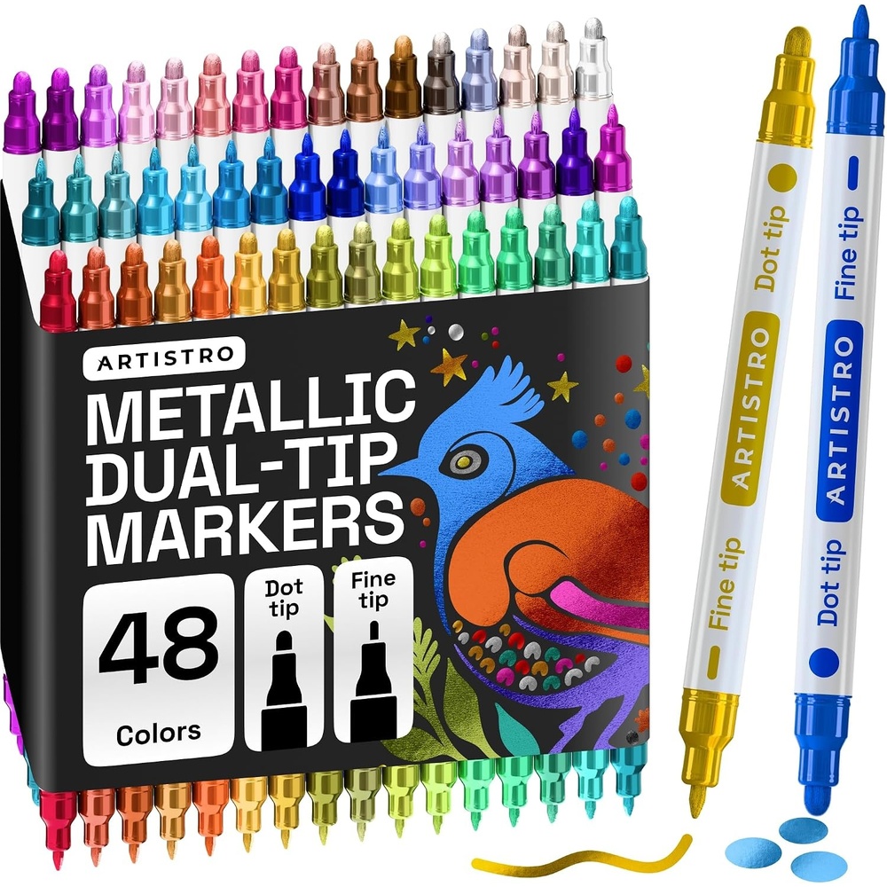 image:imageARTISTRO 12 Metallic DualTip Acrylic Paint Markers Paint Pens Set with Dot amp Fine Tips for Fabric Rock Glass Wood Coloring Books Arts amp Crafts Gift Classroom Must Haves amp School Supplies48