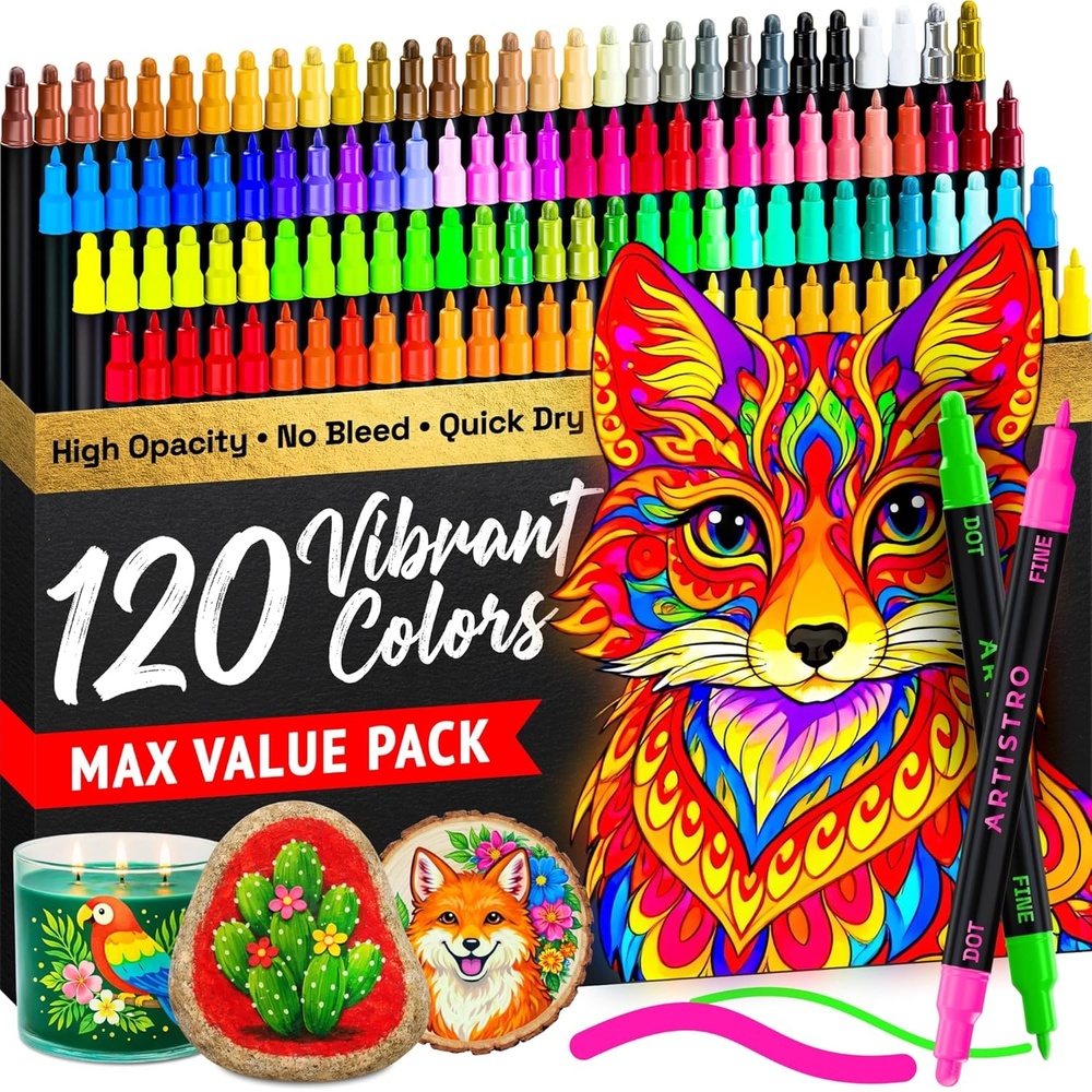 image:imageARTISTRO 12 Metallic DualTip Acrylic Paint Markers Paint Pens Set with Dot amp Fine Tips for Fabric Rock Glass Wood Coloring Books Arts amp Crafts Gift Classroom Must Haves amp School Supplies120