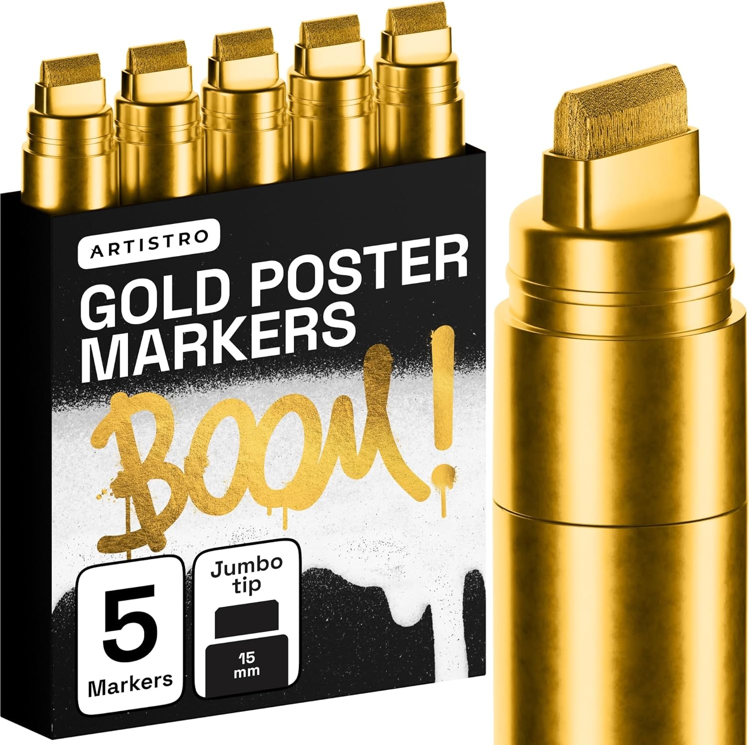 image:imageARTISTRO 5 Gold Paint Pen for Rock Glass Ceramic Wood Tire Fabric Metal Canvas Marking Painting Set of 5 Acrylic Paint Markers Waterbased Different TipsGold