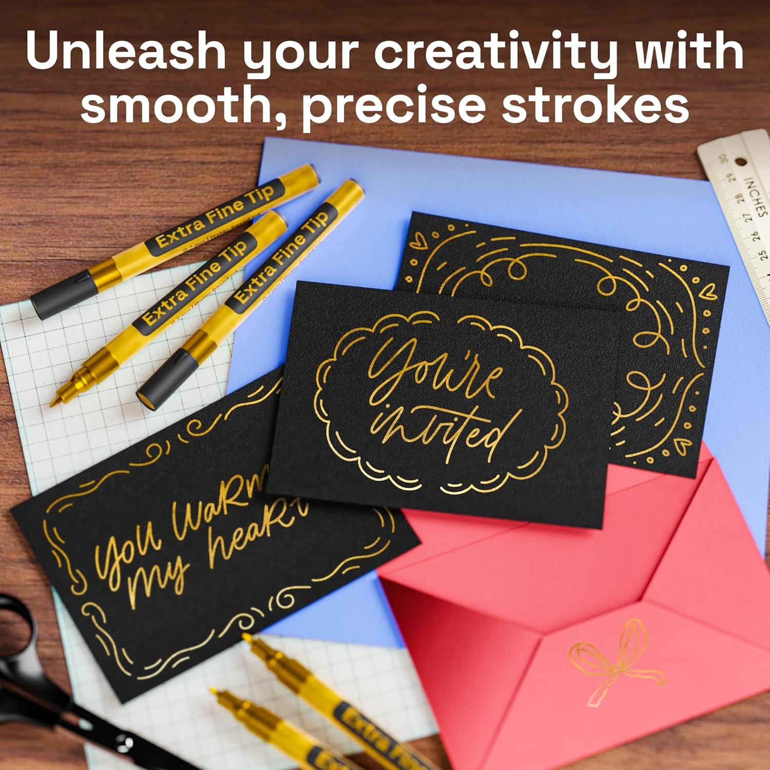 image:imageARTISTRO 5 Gold Paint Pen for Rock Glass Ceramic Wood Tire Fabric Metal Canvas Marking Painting Set of 5 Acrylic Paint Markers Waterbased Different TipsGold