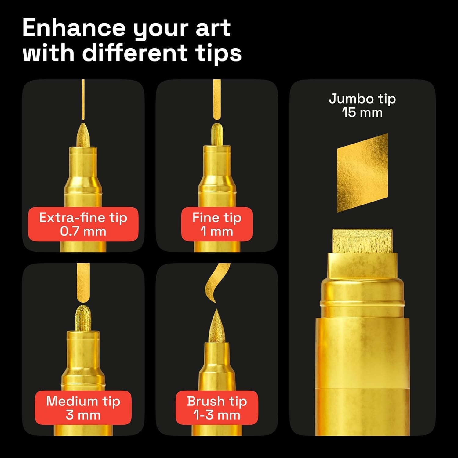 image:imageARTISTRO 5 Gold Paint Pen for Rock Glass Ceramic Wood Tire Fabric Metal Canvas Marking Painting Set of 5 Acrylic Paint Markers Waterbased Different TipsGold