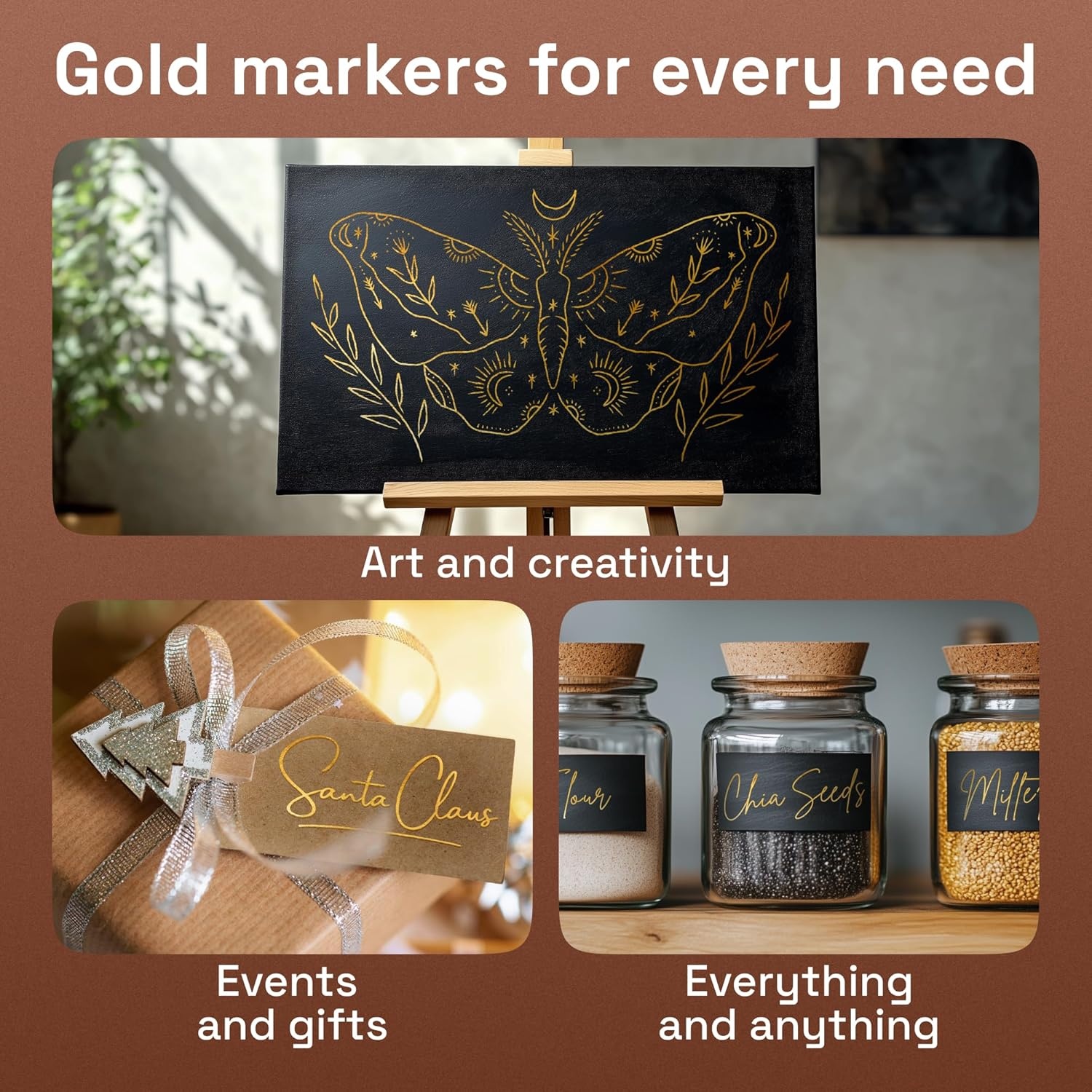 image:imageARTISTRO 5 Gold Paint Pen for Rock Glass Ceramic Wood Tire Fabric Metal Canvas Marking Painting Set of 5 Acrylic Paint Markers Waterbased Different TipsGold