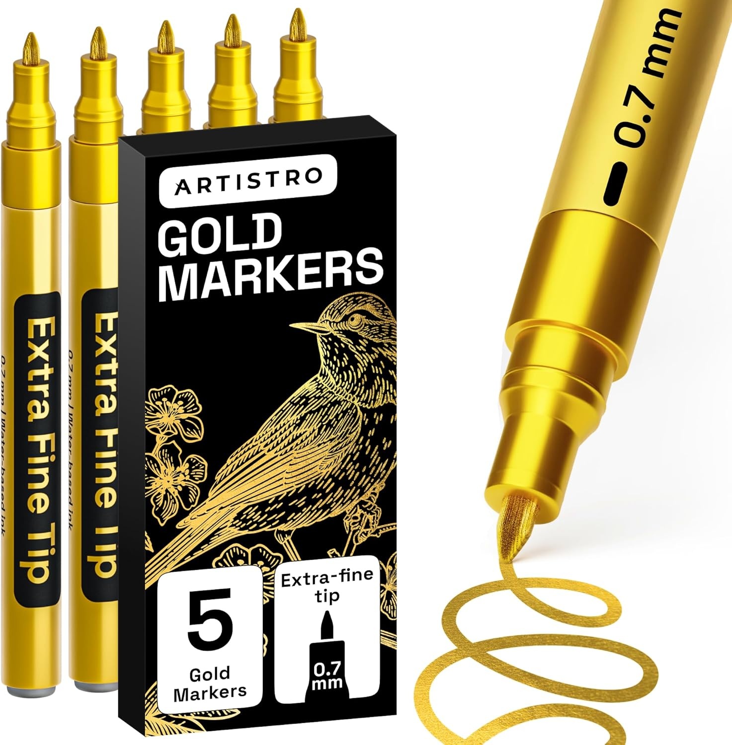 image:imageARTISTRO 5 Gold Paint Pen for Rock Glass Ceramic Wood Tire Fabric Metal Canvas Marking Painting Set of 5 Acrylic Paint Markers Waterbased Different TipsGold