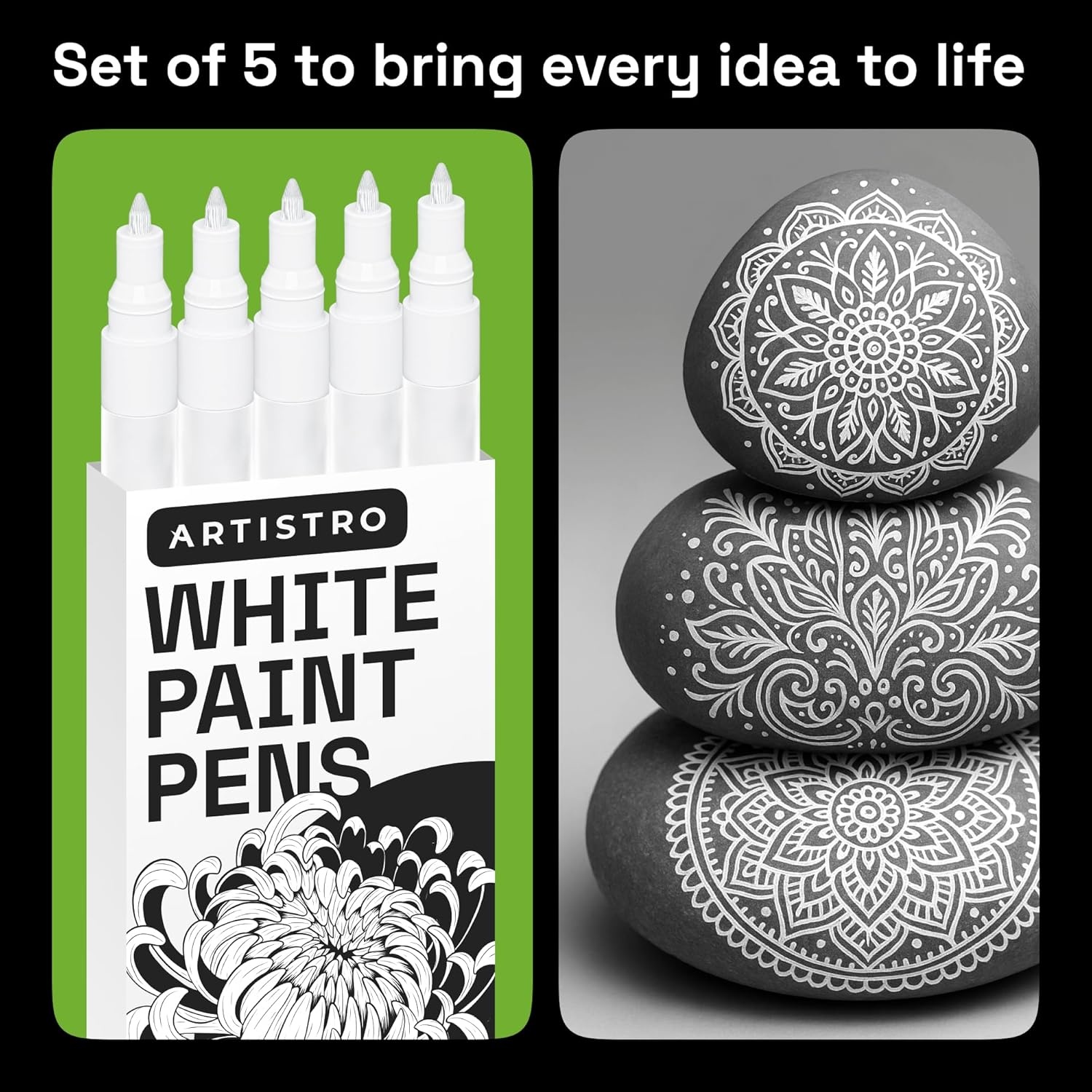 image:imageARTISTRO 5 Gold Paint Pen for Rock Glass Ceramic Wood Tire Fabric Metal Canvas Marking Painting Set of 5 Acrylic Paint Markers Waterbased Different TipsWhite