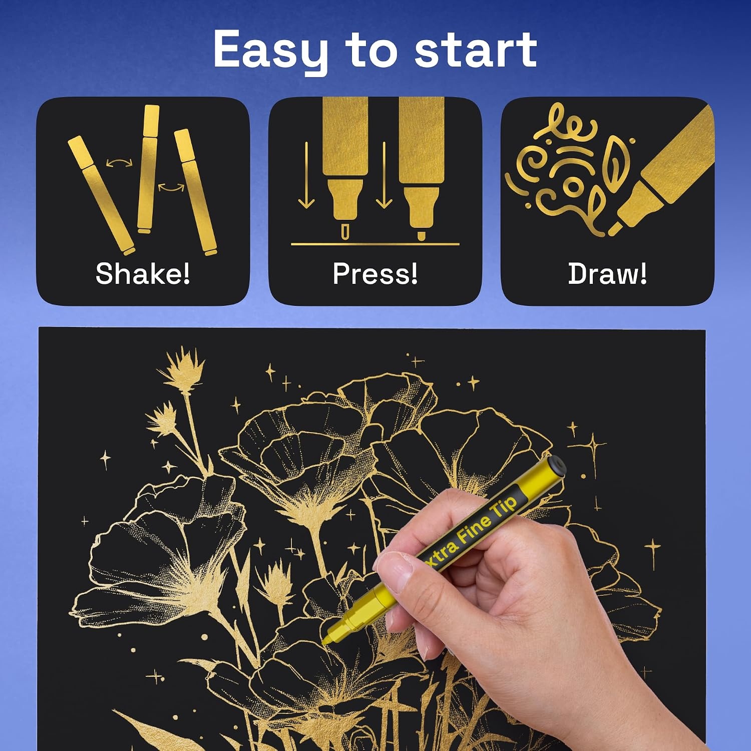 image:imageARTISTRO 5 Gold Paint Pen for Rock Glass Ceramic Wood Tire Fabric Metal Canvas Marking Painting Set of 5 Acrylic Paint Markers Waterbased Different TipsGold