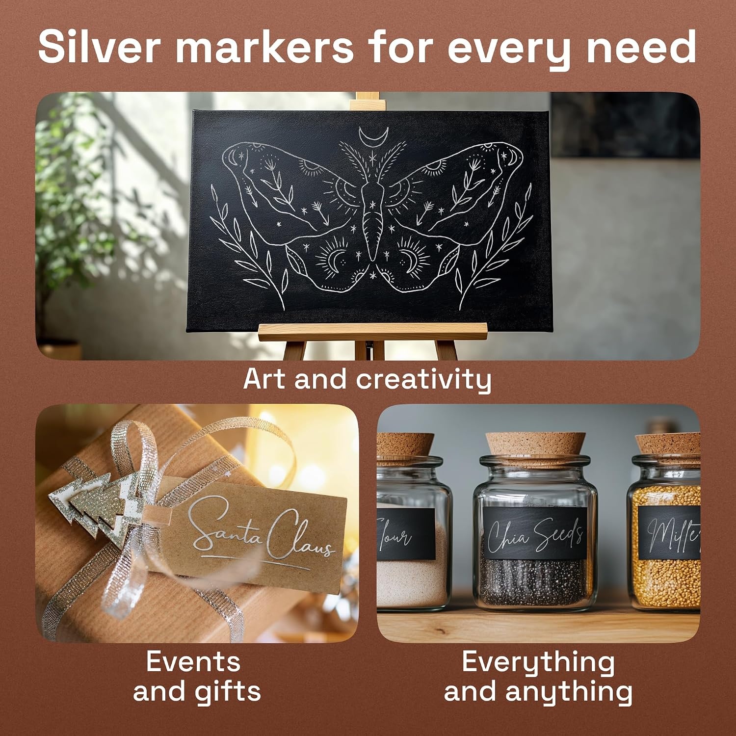 image:imageARTISTRO 5 Gold Paint Pen for Rock Glass Ceramic Wood Tire Fabric Metal Canvas Marking Painting Set of 5 Acrylic Paint Markers Waterbased Different TipsSilver