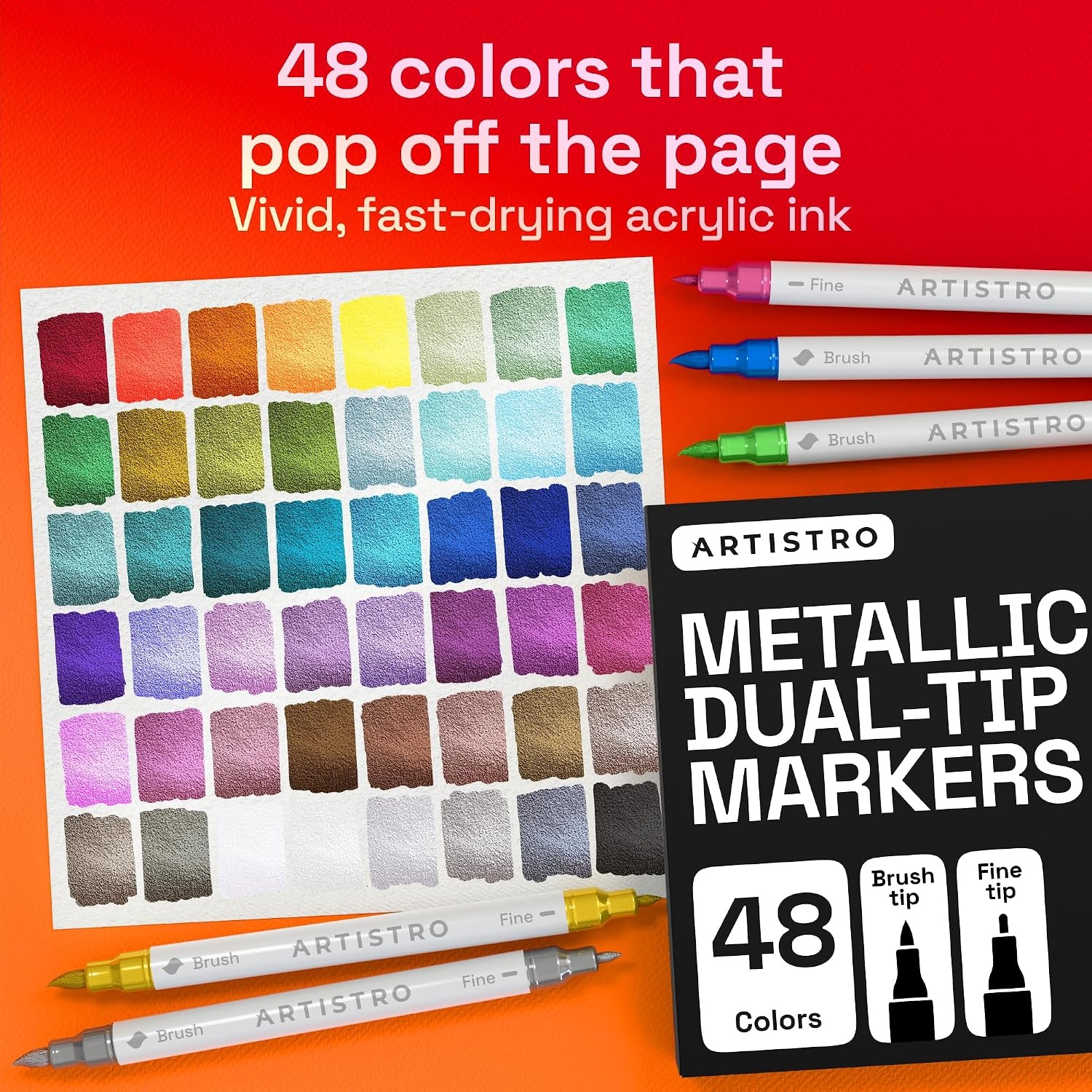 image:imageARTISTRO 72 Acrylic Paint Markers Paint Pens for Drawing For Fabric Rock Glass Wood Molds Arts amp Crafts Gift for Adults Teens Kids Classroom Must Haves amp School SuppliesMetallic