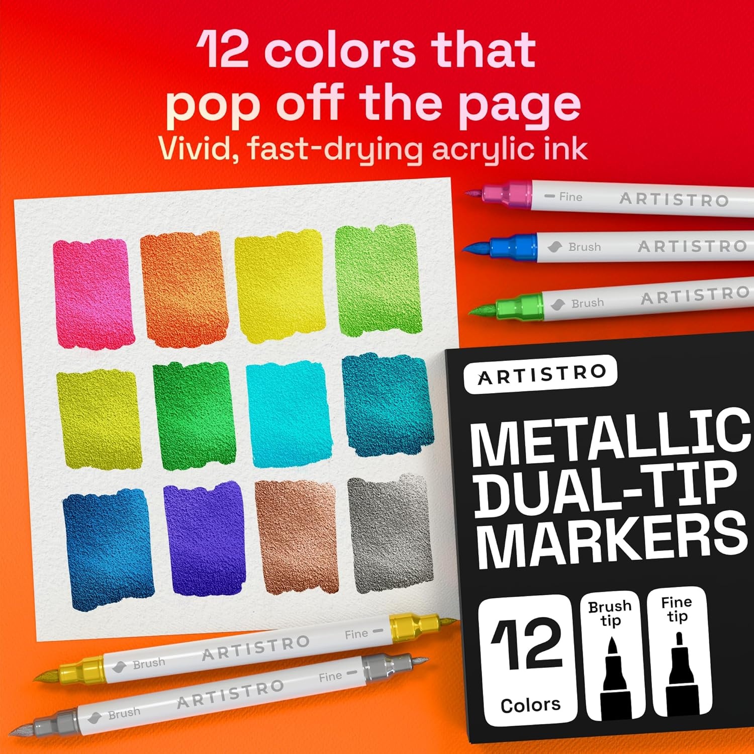 image:imageARTISTRO 72 Acrylic Paint Markers Paint Pens for Drawing For Fabric Rock Glass Wood Molds Arts amp Crafts Gift for Adults Teens Kids Classroom Must Haves amp School SuppliesMetallic